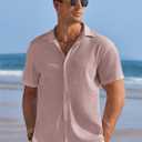 COOFANDY Men's Casual Shirts Short Sleeve Waffle Knit Button Down Shirt Wrinkle Free Summer Beach Tops (Pink, M)