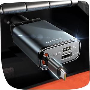 LISEN Car Charger USB C Fast Charge, Retractable Car Charger USB C [98% SpaceSmart] for RV Truck BMW Car Accessories for Women Men Phone Type C Car Charging for iPhone 17 16 15 Samsung S25 Android