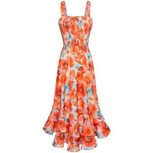 GRACE KARIN Women's 2025 Summer Floral Boho Dress Square Neck Strapped Swing A Line Sundress Beach Long Maxi Outfits, Color: Orange Flower, S