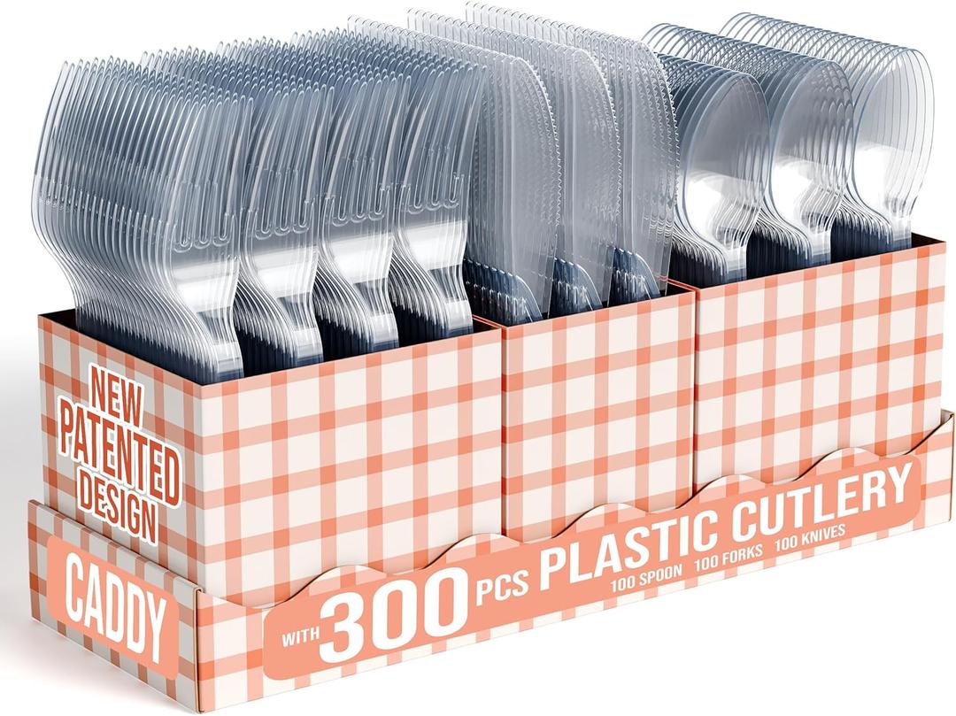Exquisite Utensil Caddy Organizer with Clear Plastic Forks and Spoons & Knives Gingham Kitchen Utensil Holder for Party with 3 x 100 Plastic Spoons and Forks Disposable Knives Clear Cutlery Set (Combo)