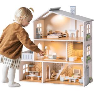 ROBOTIME Wooden Dollhouse, Wooden Doll House with 29 Pieces of Furniture, 6 Rooms Fits 4-6 Inch Dolls, Gift for Kids Ages 3+, One Size