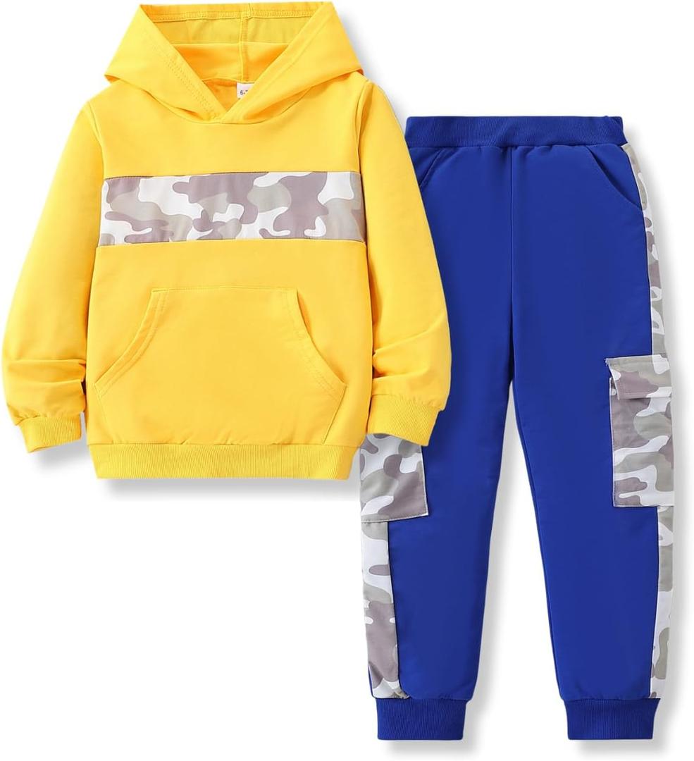 Boys Clothes 2Pcs Long Sleeve Hoodie Sweatshirt Camouflage Sweatpants Boy Sweatsuit Fall Outfits Set 6-12 Years (7-8 Years, Yellow)
