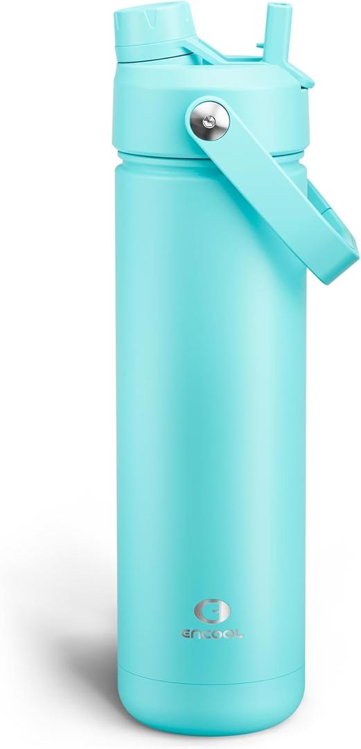 ENCOOL Insulated Water Bottle with Straw Stainless Steel Water Bottle, Leak-Proof, BPA-Free, Double Wall Vacuum Keeps Cold for 24 Hours for Sports, Travel, School (32 oz, Aquamarine Blue)