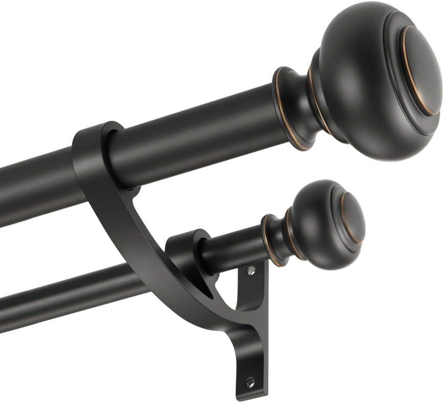 Double Curtain Rods 72-144 for Window, Heavy Duty Telescoping Rod 1-Inch Front and 5/8 Inch Back with Aluminum Alloy Brackets, Adjustable Double Drapery Rod with Classic Finials, Matte Black