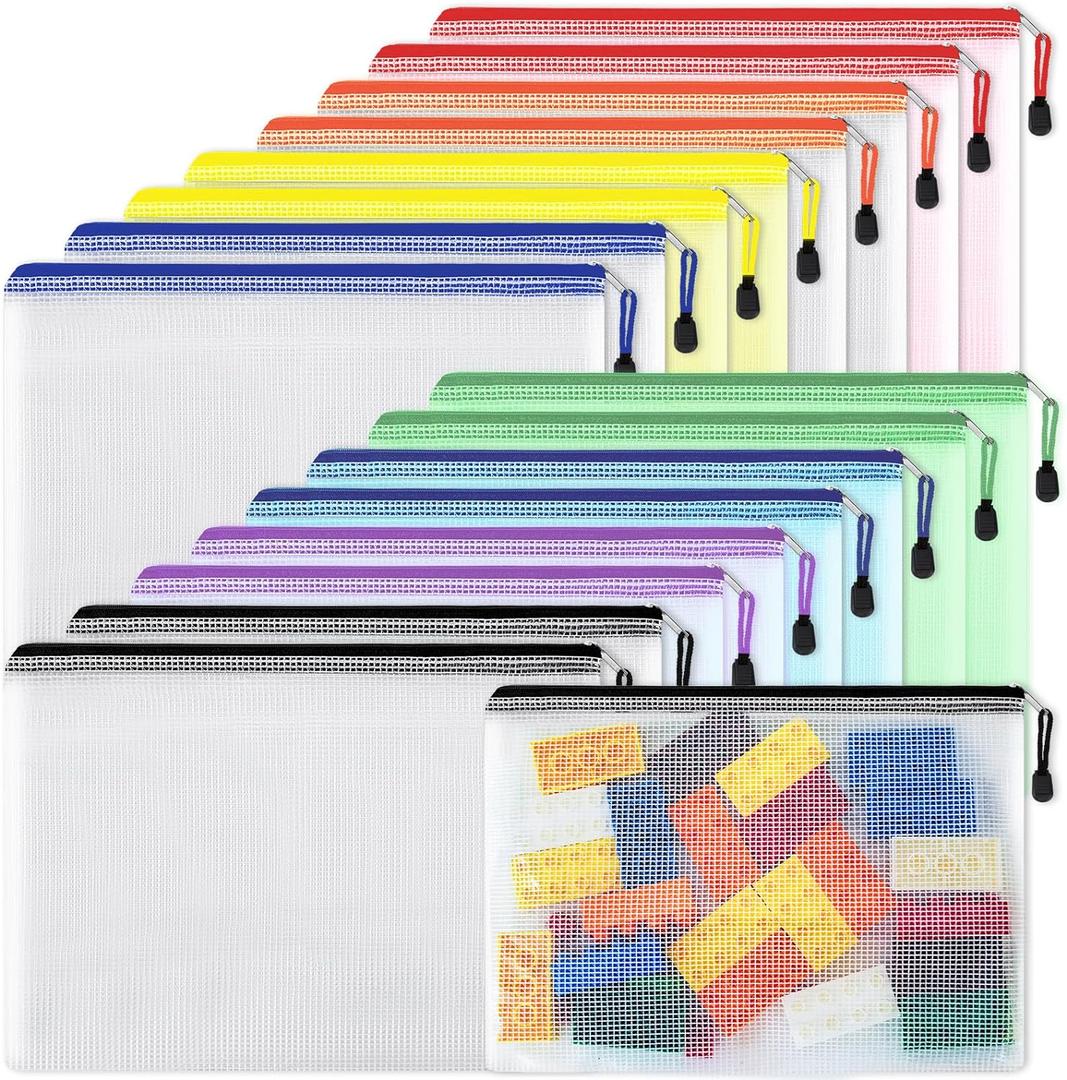 EOOUT 16pcs Mesh Zipper Pouch, Puzzles, Board Game Storage Bags for Organizing, Waterproof Zip File Bags, Letter Size, Suitable for A4 Size, for School Office Supplies, Storage Bags, 8 Colors