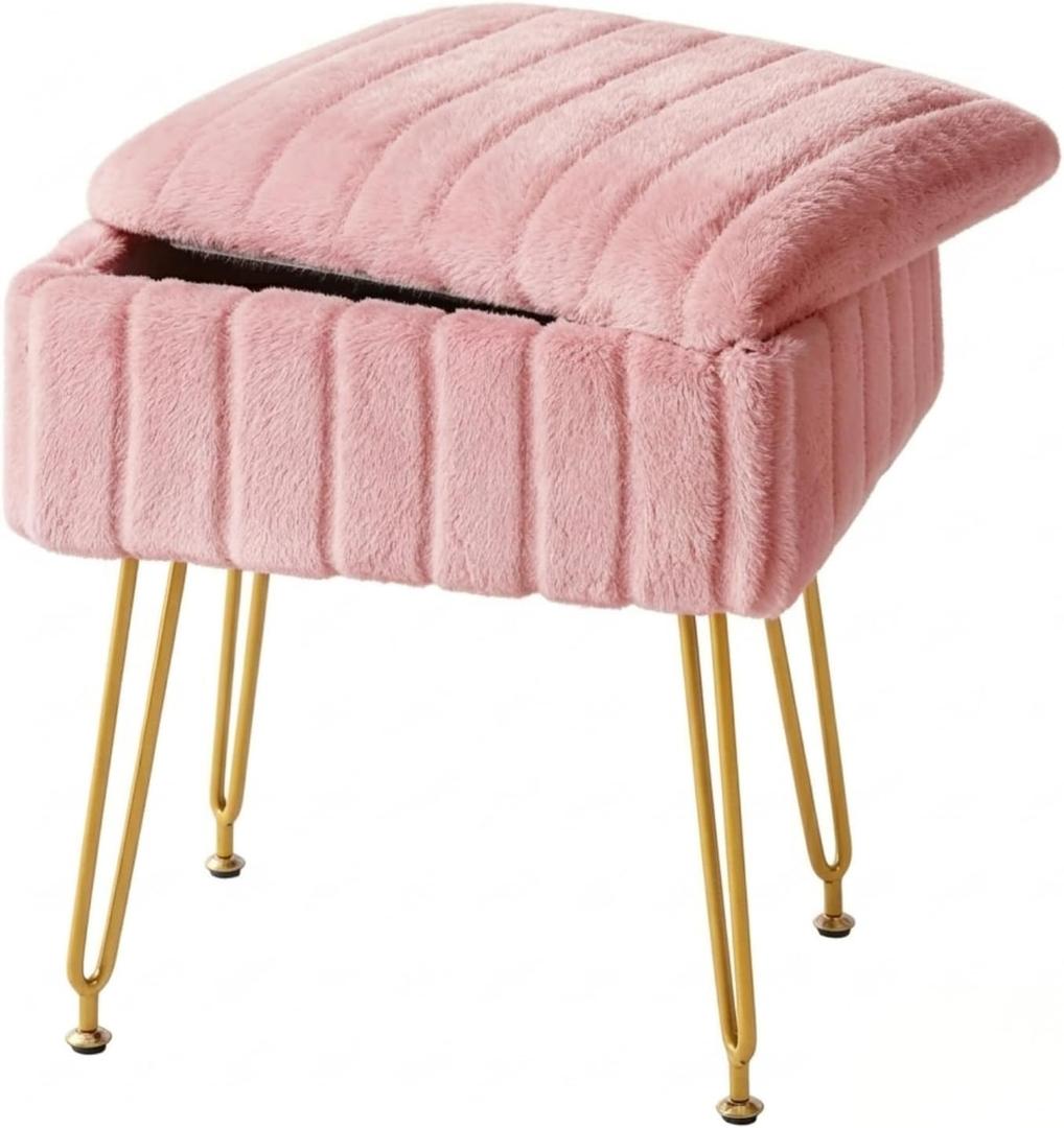 FUXA Vanity Stool Chair with Storage, Faux Fur and Metal Legs, Pink, 11.8"D x 15.8"W x 18.5"H