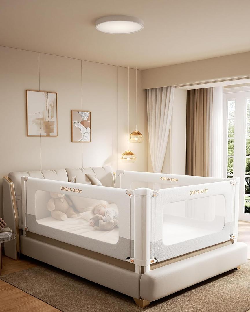 Bed Rail for Toddlers, Thickened & Reinforced Toddler Bed Rails with Height Adjustable, Upgraded Kids Baby Bed Rail Guard/Bed Side Rails for Twin, Full, King Size, White/Grey, 1Side 74.8" Lx28 H
