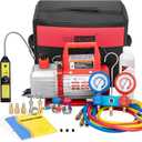 VIVOHOME 110V 1/3 HP 4CFM Single Stage Rotary Vane Air Vacuum Pump and AC Manifold Gauge Set Kit with Leak Detector for R134a R12 R22 R502 R410a HVAC Air Conditioning Refrigeration Recharging, Red