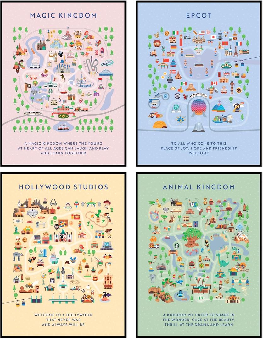 ALYAM STORE Disneyland Map Posters, Unframed 12x16 inches, Set of 4, Wall Art for Boys Room, Epcot, Magic Kingdom, Hollywood Studios, Animal Kingdom ALYAM STORE Disneyland Map Posters, Unframed 12x16 inches, Set of 4, Wall Art for Boys Room, Epcot, Magic Kingdom, Hollywood Studios, Animal Kingdom