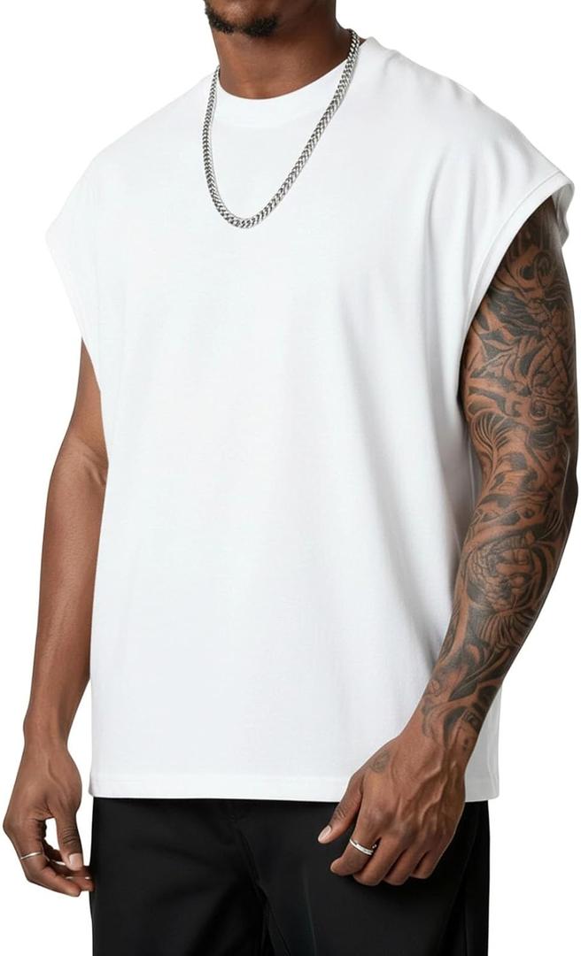 Men's Workout Sleeveless Tank Top Oversized Cut Off Muscle Gym T-Shirts Casual Crew Neck Sleeveless Tops, XL