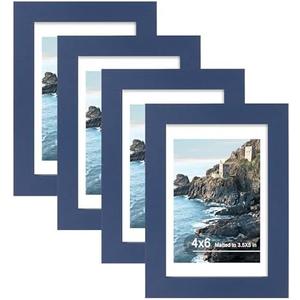 Hongkee 4x6 Picture Frame (4 Pack, Blue), Made of Real Glass and Wooden Frame - Display Pictures 3.5x5 with Mat or 4x6 Without Mat, 4 by 6 Photo Frames TableTop Display and Wall Mounting