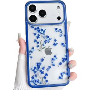 NITITOP Compatible for iPhone 17 Pro Case Clear Cute Floral Flower Branch Leaves Pattern for Women Girls Color Frame Slim Shockproof Durable Protective Phone Cover - Blue