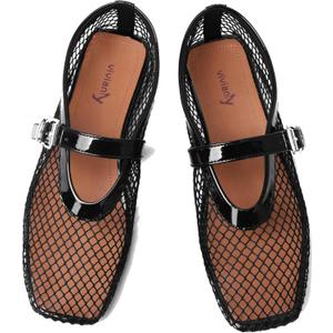 vivianly Mesh Ballet Flats Shoes for Women Flats Comfortable Dressy Round Toe Mesh Flats Fishnet Mary Jane Flats for Events Party Leisure (7.5, Black-square Toe)