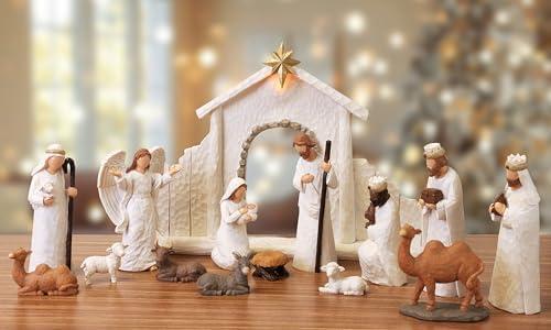 Aneco 15 Pieces Classic Nativity Set Christmas Nativity Stable Manger Figurine Resin Decor Christmas Tabletop Scene Shepherds, Animals and Angels for Xmas Indoor Home Decorations