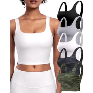 Womens Sports Bras 5 Packs - Square Neck Longline Workout Crop Tank Tops Padded Yoga Camisole with Built in Pads, Medium