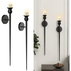 Candle Wall Sconce, 31.5inch Candle Sconces Wall Decor Set of 2, Long Candle Holder with Battery Operated Candles Retro Chic Candle Holder Decoration for Home Decor (Black)