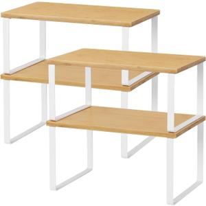 NEX Bamboo Kitchen Cabinet and Counter Shelf Organizer, Stackable & Expandable, Set of 4, White and Natural (11.7''W)