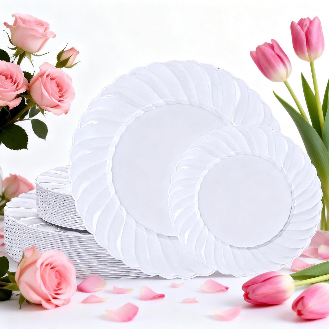 U-QE 60 Pcs White Plastic Plates for Party Scalloped Plastic Plates Heavy Duty & Elegant Include 30 10" Dinner & 30 7" Dessert Plate - Perfect for Party & Wedding