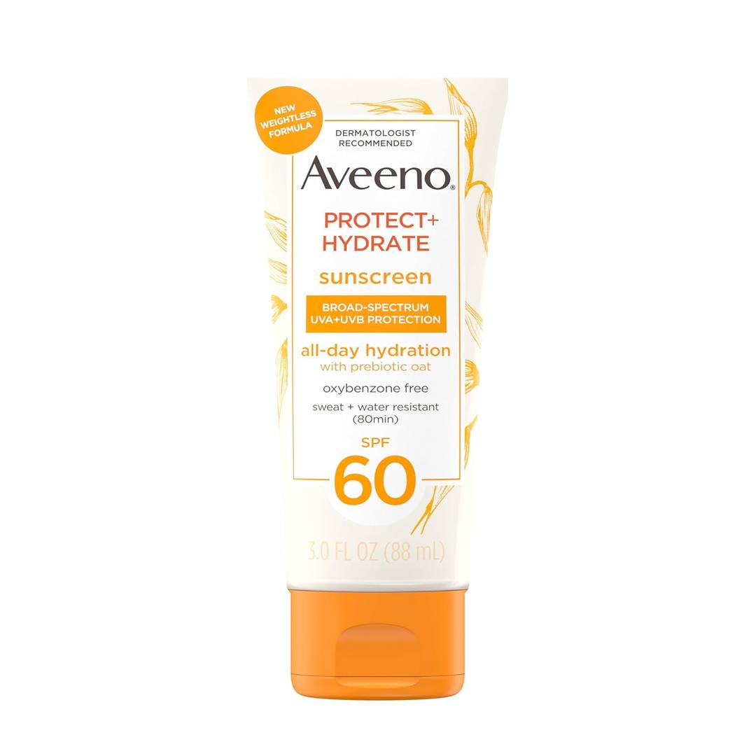 Aveeno Protect + Hydrate Moisturizing Body Sunscreen Lotion, SPF 60 Broad Spectrum & Prebiotic Oat, Oil-, Oxybenzone- & Paraben-Free, Water & Sweat Resistant, Non-Greasy, Travel Size 3.0 Fl Oz