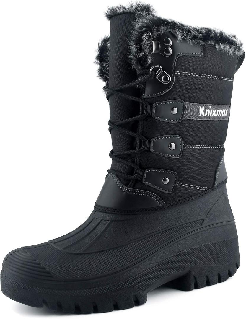 Knixmax Women's Winter Snow Boots Waterproof Mid Calf Booties Fur Lined Warm Outdoor Insulated Mucker Yard Skiing Hiking Boots Black Size 7 US / 38 EU