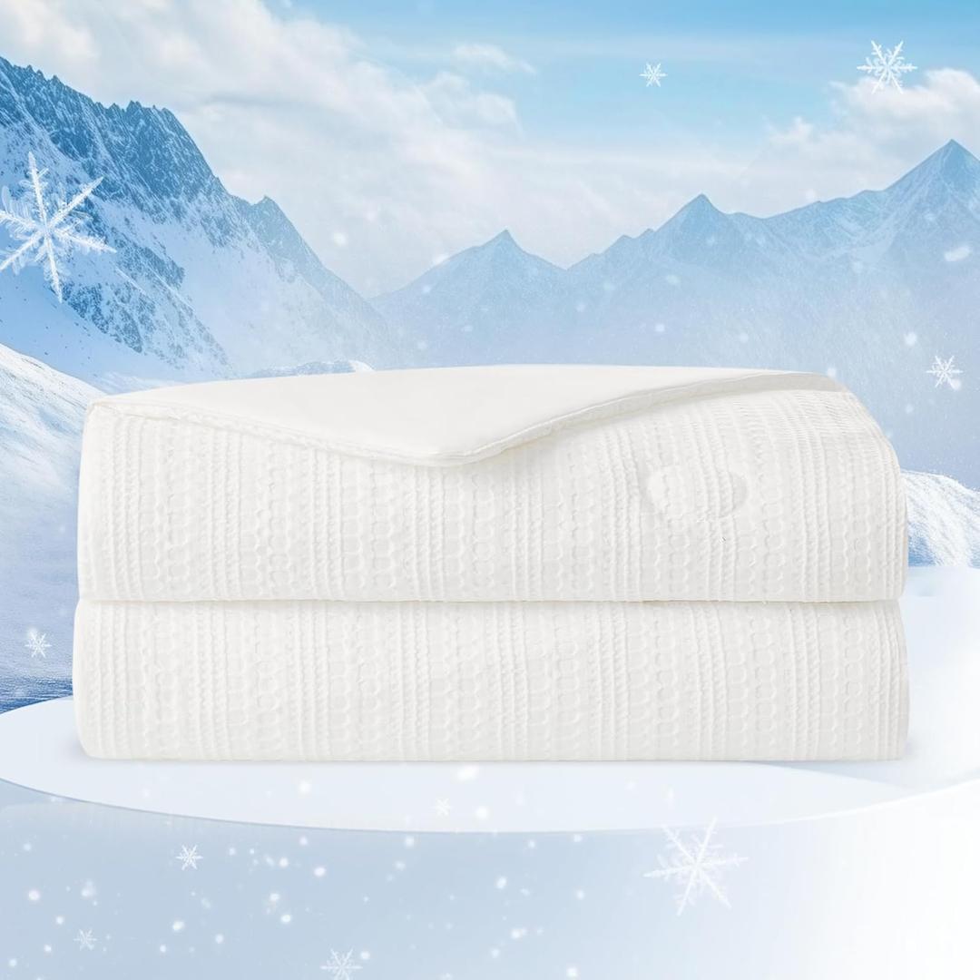 Amlie Home Waffle Cooling Comforter Twin Size, Q-Max 0.45 Reversible Lightweight Cooling Blanket for Hot Sleepers, Breathable Bedding for Night Sweats, 68"x90", White