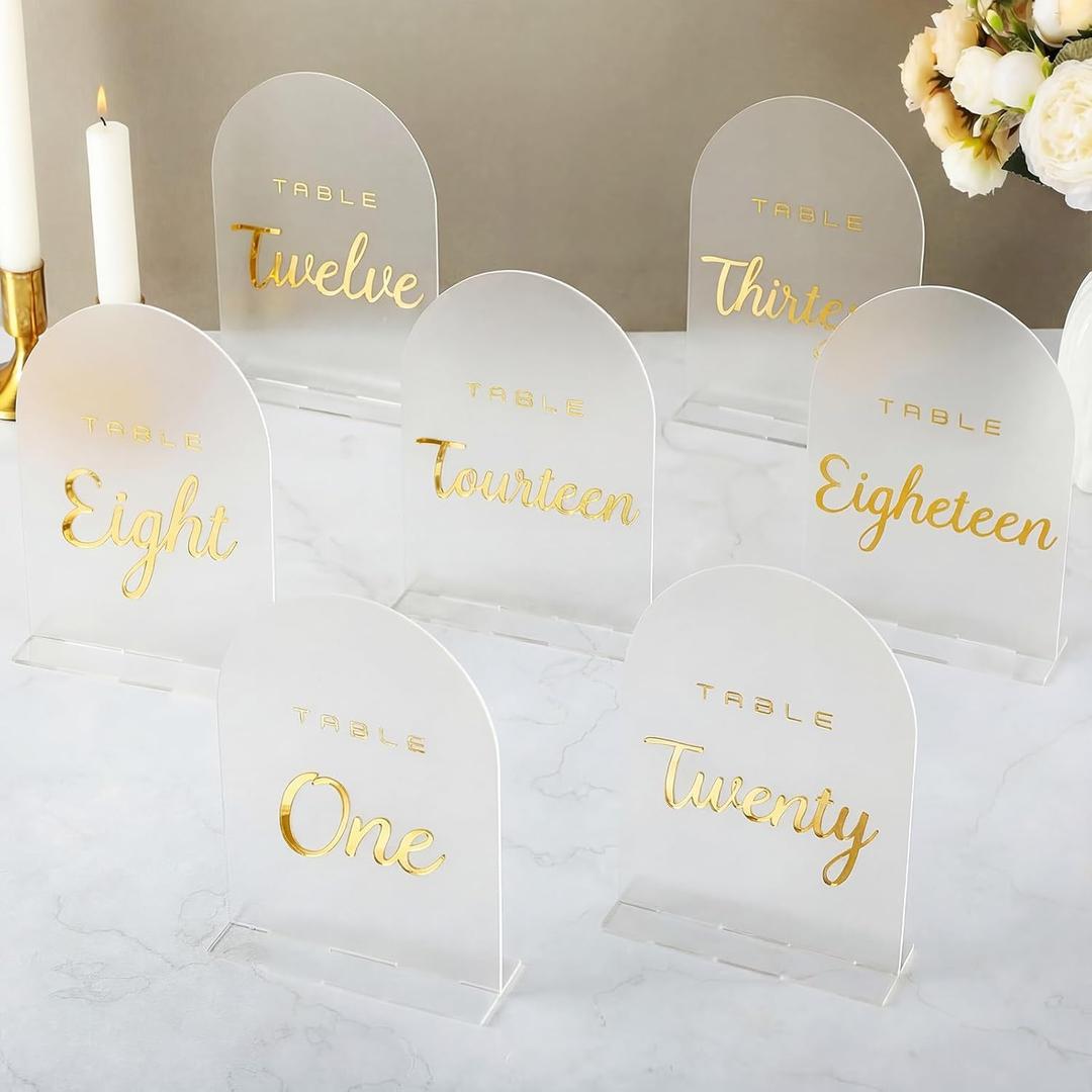 20 Pcs Frosted Arch Wedding Table Numbers with Stands 1-20, 5"x7" Acrylic Display Signs and Holders, Perfect for Centerpiece, Reception, Party, Anniversary, Banquet, Event (Gold)