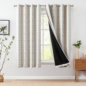 jinchan 95% Blackout Boho Curtains 63 Inch Length for Bedroom Blue on Beige Geometric Printed Grommet Top Room Darkening Thermal Insulated Window Drapes 2 Panels