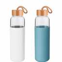 Lily's Home Borosilicate Glass Water Bottles Set of 2 - Glass Water Bottle Set. (18 oz) Glass Bottles with Lids (Bamboo, Leakproof Seal), BPA Free, Silicone Sleeves to Avoid Drops & Bumps