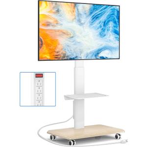 Rfiver Sleek Rolling TV Stand with Power Outlet for Home Decor, Height Adjustable Portable TV Stand on Wheels for 32-75 Inch TVs, Strong Tall Mobile TV Cart with Mount Up to 88 lbs, White