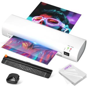 9-Inch 4-in-1 Thermal Laminator Machine with Never-Jam Tech, Includes 40 A4 Laminating Pouches, Trimmer & Corner Rounder for Office & Home Use - White