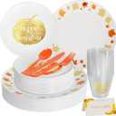 175pcs Thanksgiving Plastic Dinnerware for 25 Guests, 25 Fancy Thanksgiving Dinner Plate, 25 Gold Pumpkin Dessert Plates, 75 Orange Silverware, 25 Clear Cups and Cards