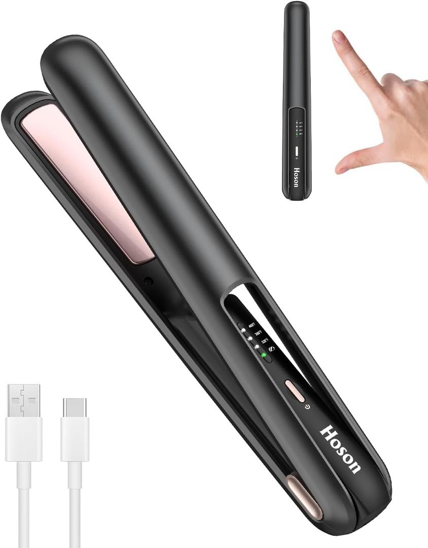 Hoson Cordless Hair Straightener,Portable Mini Flat Iron Travel for Bangs,Short Hair,USB-C Rechargeable Wireless Curling Iron and Curler 2 in 1(Black),for Touch Ups