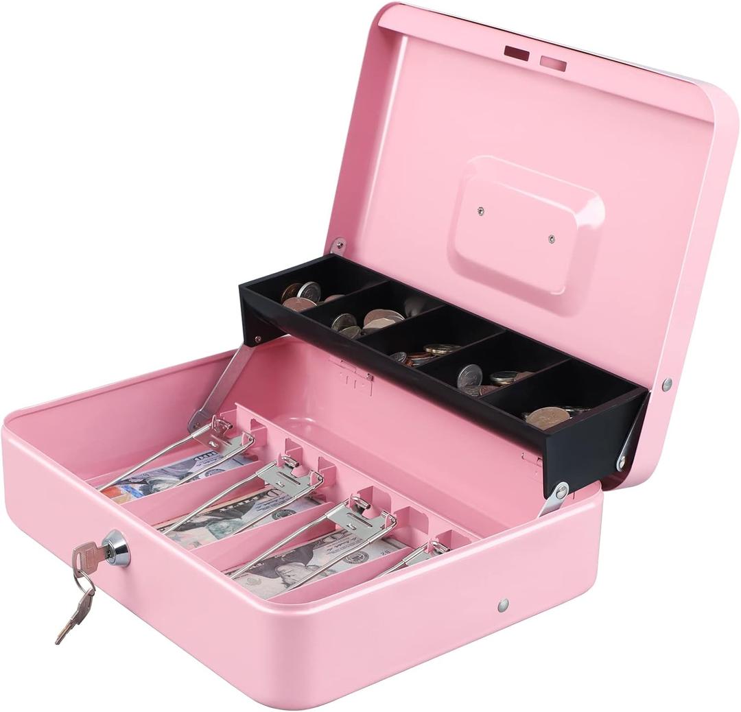 xydled Cash Box with Money Tray and Key Lock,Tiered, Cantilever Design,4 Bill / 5 Coin Slots,11.8" x 9.5" x 3.5", Pink