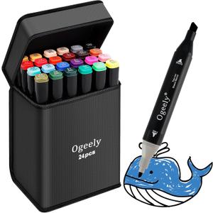 Ogeely Alcohol Markers, 24 Color Dual Tip Art Marker for Kids Adults, Permanent Sketch Markers for Artists, with Organizing Case