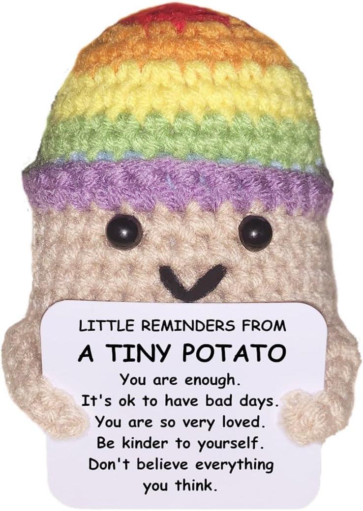 2 x Funny Knitted Wool Doll Toy with Positive Card, Creative Cute Mini Crochet Positive Potato Dolls Cheer Up Gift for Family Kids Friends Encouragement Decoration (A- Little Reminder from Potato)