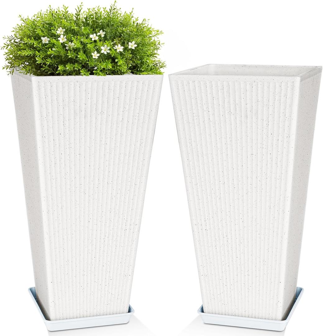 Set of 2 Tall Square Planter, 24 Inch Large Outdoor Planters for Plants, Tapered Plastic Plant Pots with Drainage Holes& Trays, Modern Gardening Flower Pot for Patio Front Porch Decor, White