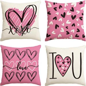 AVOIN colorlife I Love U XOXO Valentine Hearts Pink Throw Pillow Covers, 18 x 18 Inch Love Wedding Cushion Case Decoration for Sofa Couch Set of 4