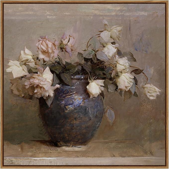 InSimSea Square Framed Canvas Wall Art, Flowers Prints Farmhouse Classical Floral Rose in Vase Pictures Wall Decor, Vintage Canvas Paintings Wall Decor for Living Room, Bathroom Kitchen 20"x20"