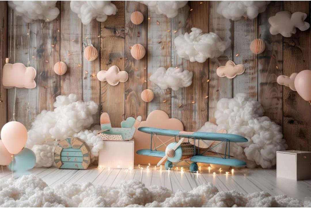 YongFoto Airplane Sky Clouds Wooden Wall Backdrop 7x5ft Flying Tour Photography Background Landing Soon Baby Shower First Trip Birthday Party Banner Kids Portraits Photoshoot Wallpaper Photo Booth (7ftx5ft, Style 6)