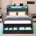 Full Bed Frames with Storage Drawer, Platform Bed with Charging Station and LED Lights, Upholstered Headboard with 2-Tier Storage Shelves, No Box Spring Needed