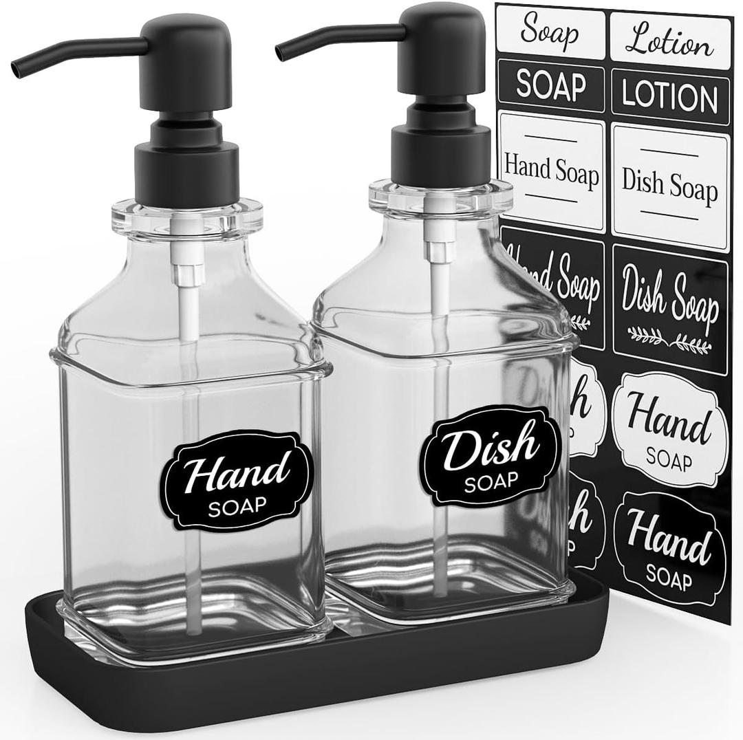 Soap Dispenser - 2 Pack, Antique Design Thick Glass Hand Soap Dispensers with Sturdy Tray; 304 Rust Proof Stainless Steel Black Pump, 12Pcs Stickers, for Kitchen, Bathroom