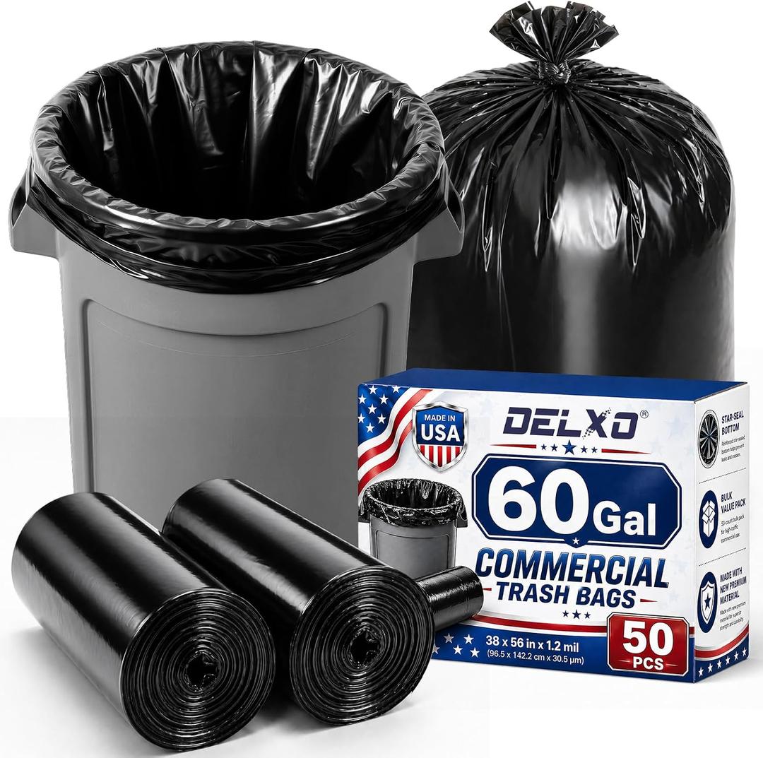 Delxo 55-60 Gallon Trash Bags, 50 Count, 38” x 56” Heavy Duty Garbage Bags
