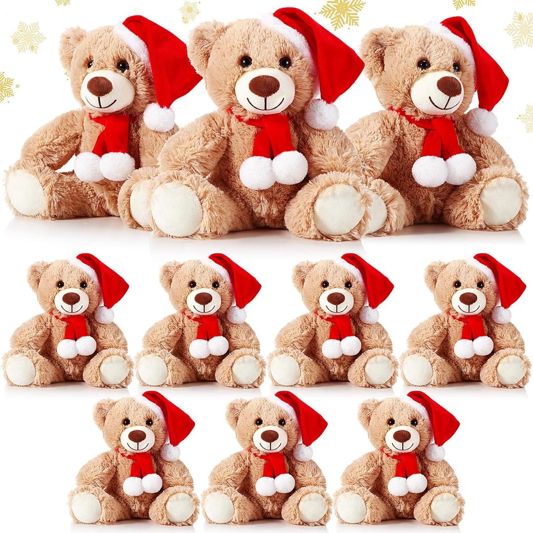Skylety 10 Pieces Christmas Bears Soft Plush Toy Stuffed Animals Cute Bears for Kids Boys Girls Xmas Holiday Birthday Valentine's Day Baby Shower Party Favor(Khaki)