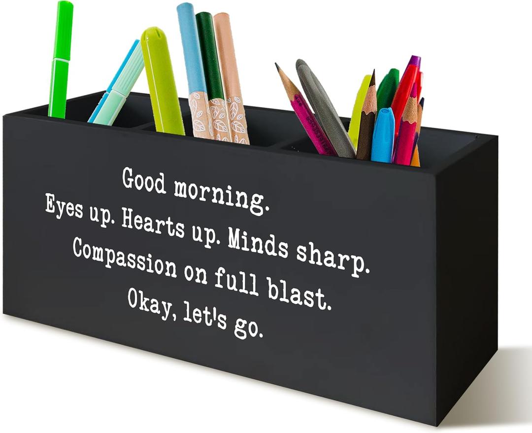 Positive Black Pen Holder for Desk, Inspirational Desk Decor, Funny Gifts for Coworkers Women Men Wooden Pen Pencil Holder Organizer for Office Accessories (Good morning)