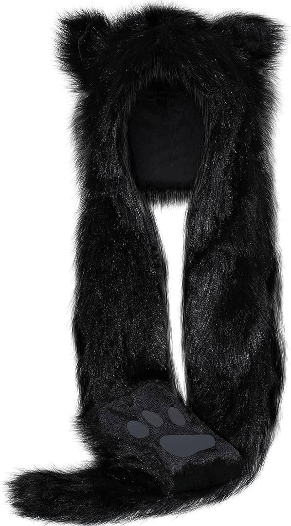 SATINIOR Faux Animal Hoods Headwear Furry Hat Mittens Gloves Scarf Paws Ears Furry Winter Animal Accessories (Black)
