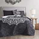 Comfort Spaces Reversible Quilt Set-Vermicelli Stitching Design All Season, Lightweight, Coverlet Bedspread Bedding, Matching Shams, Twin/Twin XL (66 in x 90 in), Ava Medallion Black 2 Piece