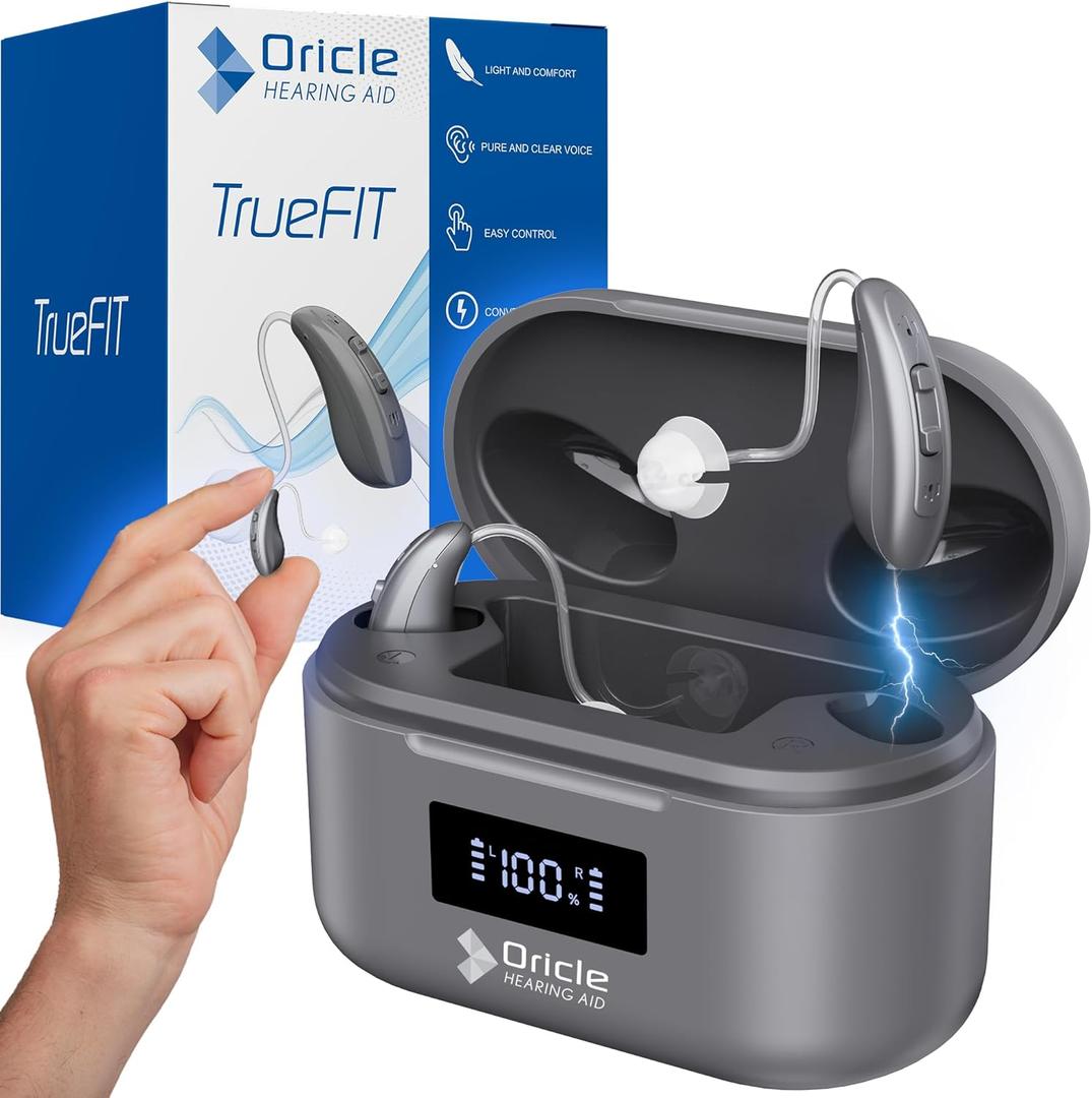 Oricle TrueFit Rechargeable Behind-The-Ear Hearing Aids for Seniors with Noise Cancelling & LED Power Display - OTC BTE Hearing Aid with 16-Channel Intelligent Noise Reduction Technology