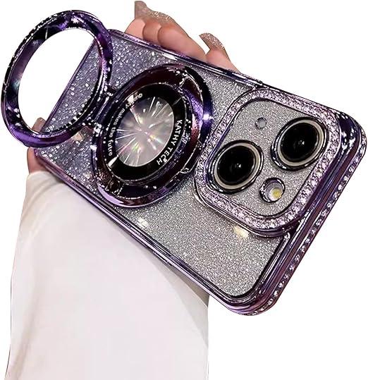 Fycyko Magnetic Case for iPhone 14 Pro with Holder Stand,Rhinestone Glitter Plated Bling Luxury Phone Case（Compatible with MagSafe） Shockproof Kickstand Design for iPhone 14 Pro-Purple