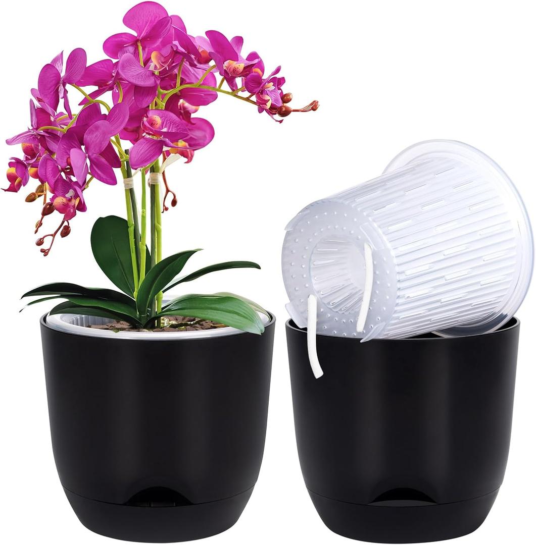 QCQHDU 2 Pack 5.7 Inch Orchid Pots with Holes for Repotting, Double-Layer and Self Watering Orchid Pot with Good Air Circulation (Black)