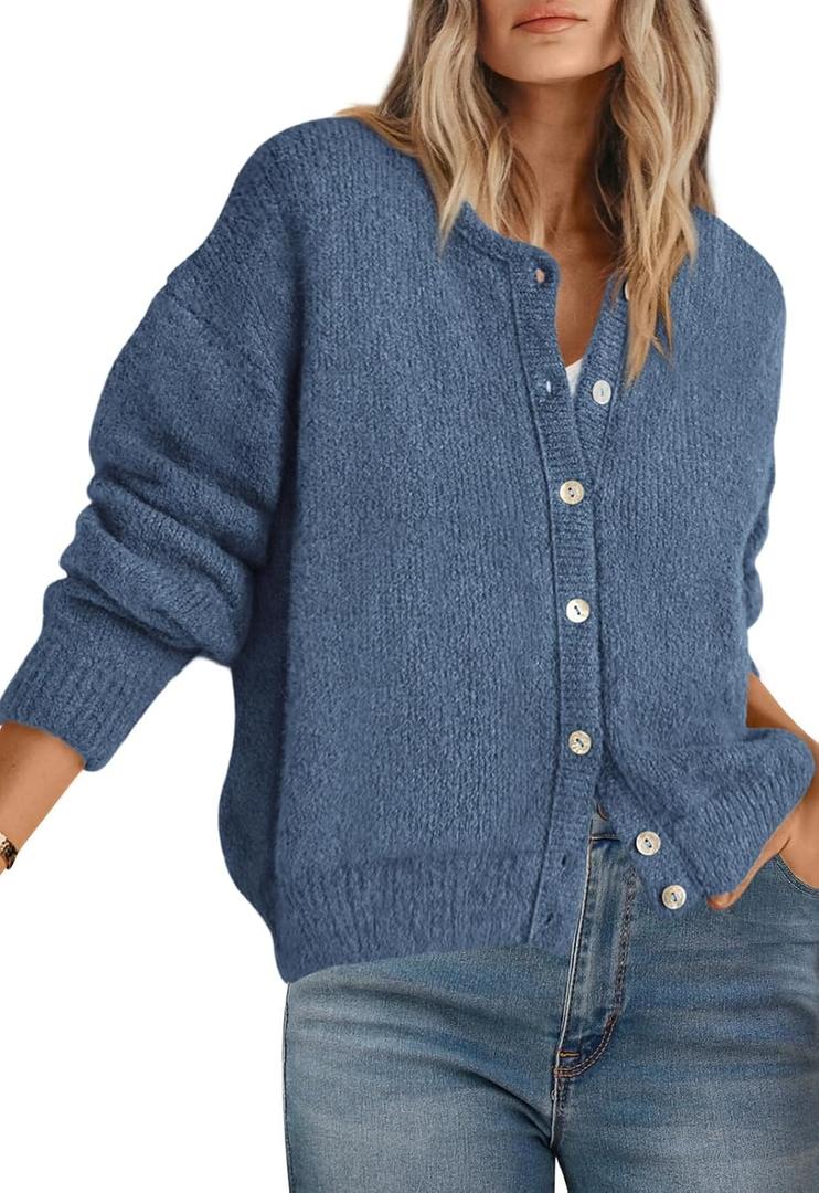 PRETTYGARDEN Long Sleeve Crewneck Button Down Womens Sweaters Spring Open Front Chunky Cardigan Sweaters for Women 2026 (Medium, Grey Blue)